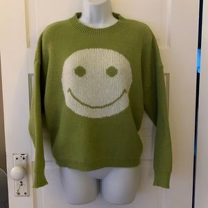 BRAND NEW Forever 21 Green Smiley Happy Face Graphic Sweater Small Winter 2022